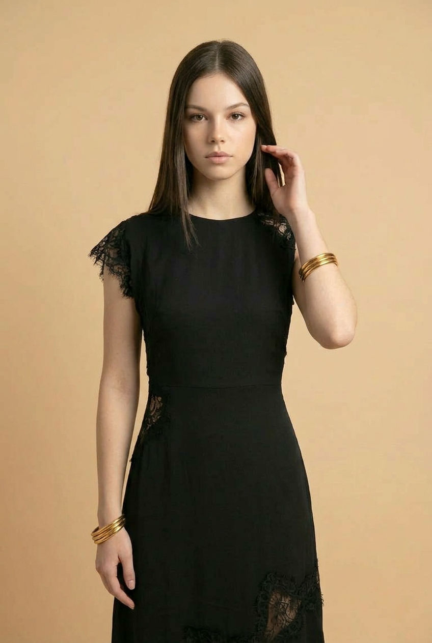 VESTIDO MIDI NEGRO SATINADO CON ENCAJE