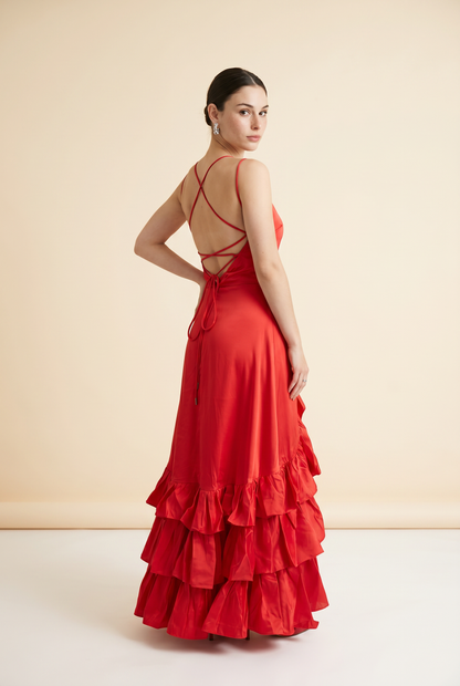 VESTIDO OLANES ROJO Y NEGRO