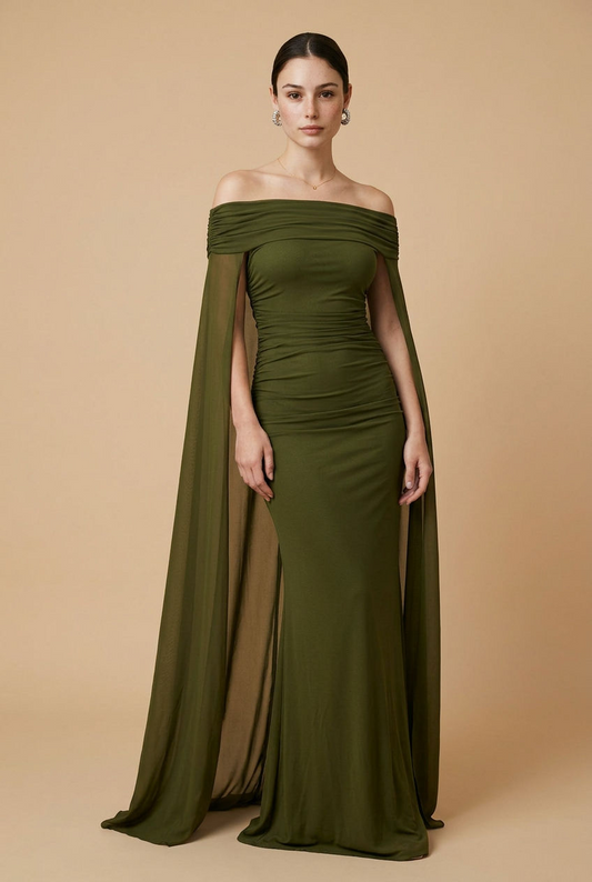 VESTIDO VERDE OLIVO CON CAPA
