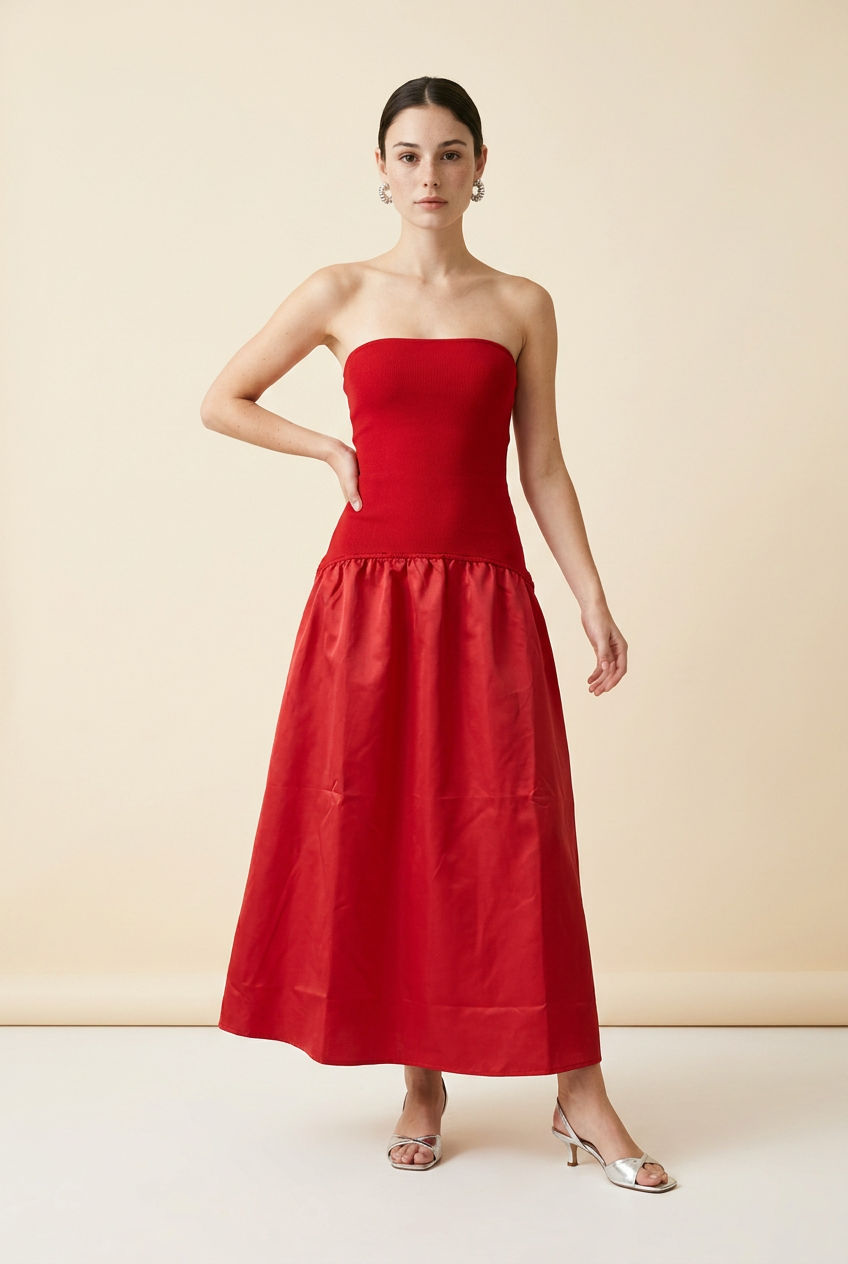 VESTIDO STRAPLESS MIDI ROJO Y NEGRO