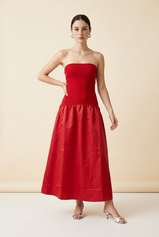 VESTIDO STRAPLESS MIDI ROJO Y NEGRO