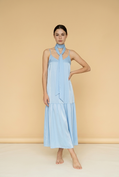 VESTIDO AZUL Y ROSA LAZO CUELLO