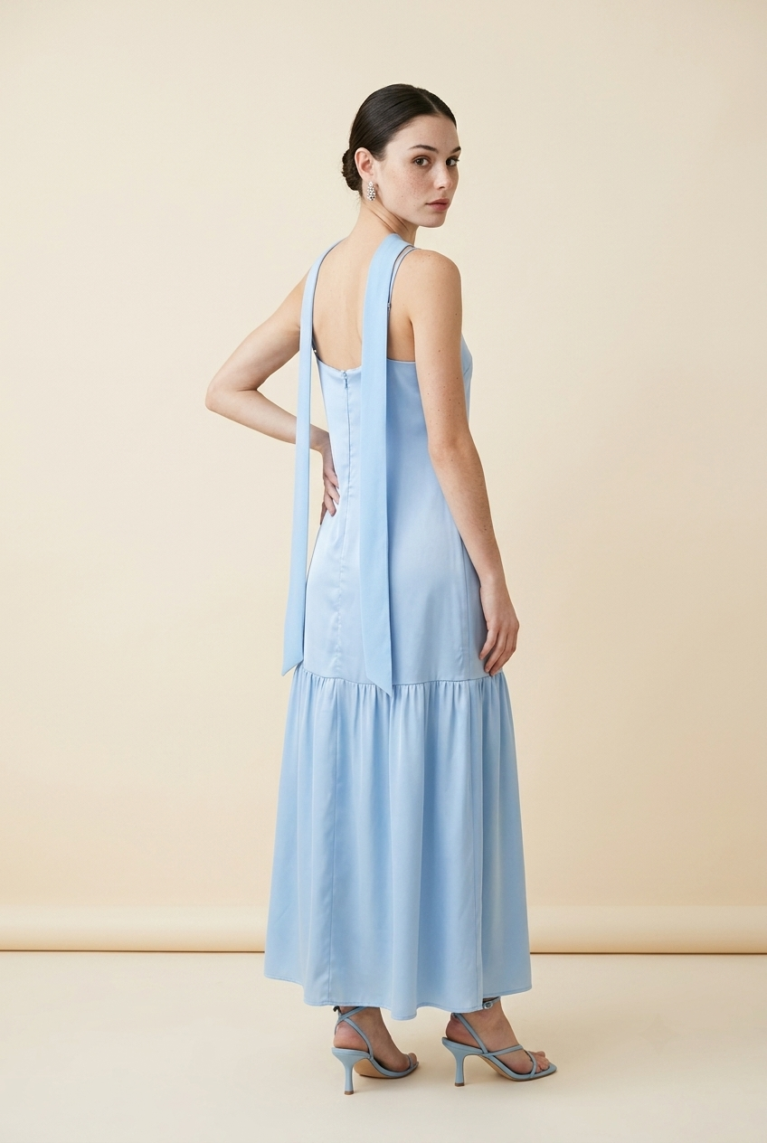VESTIDO AZUL Y ROSA LAZO CUELLO