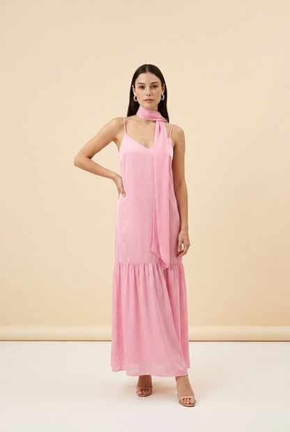 VESTIDO AZUL Y ROSA LAZO CUELLO