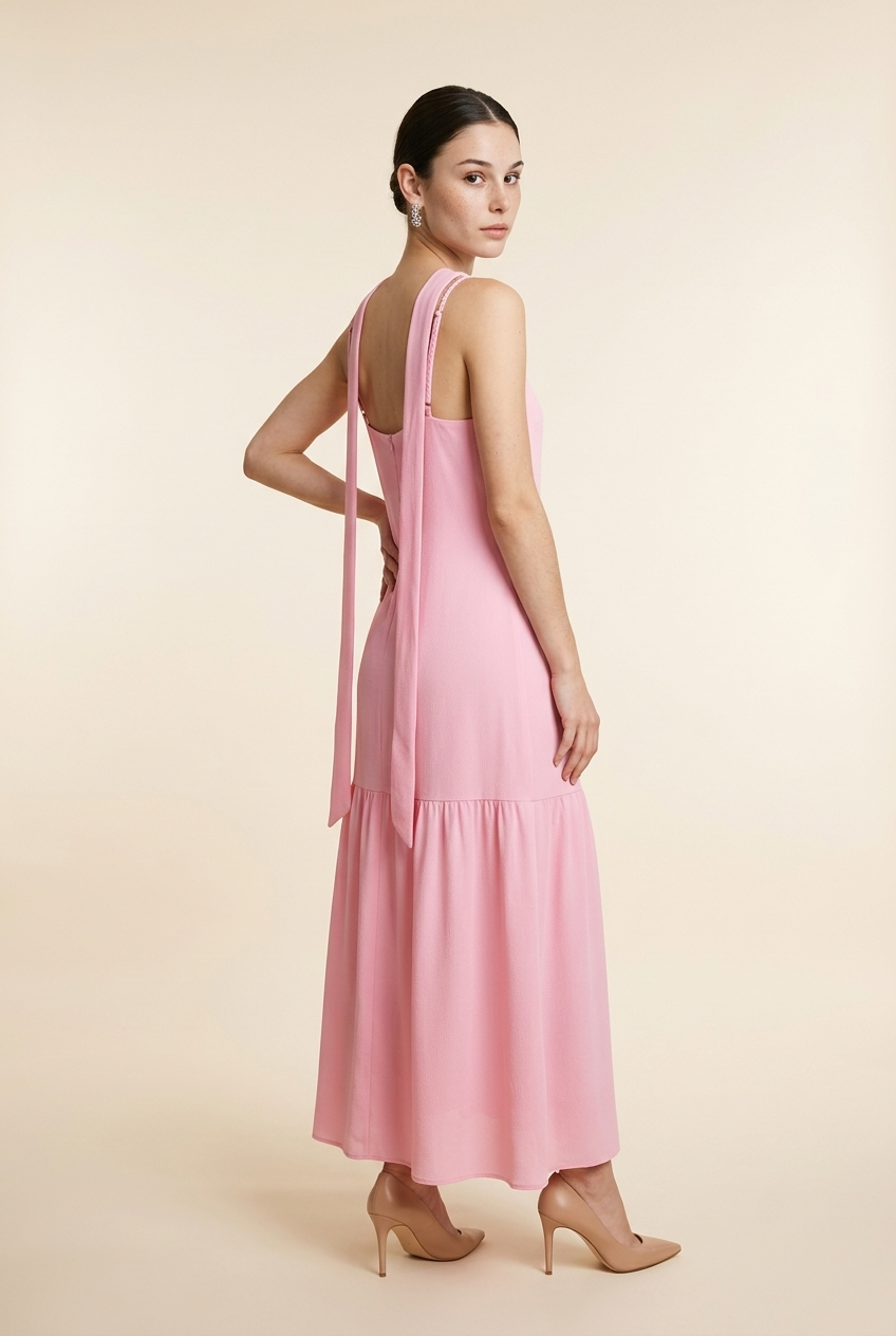 VESTIDO AZUL Y ROSA LAZO CUELLO