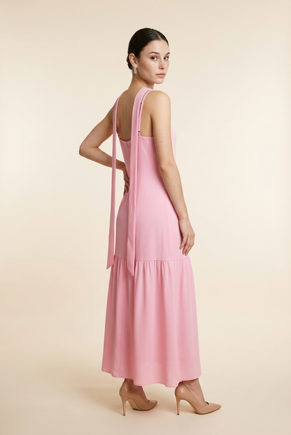 VESTIDO AZUL Y ROSA LAZO CUELLO