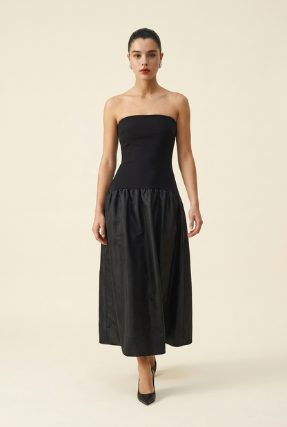 VESTIDO STRAPLESS MIDI ROJO Y NEGRO