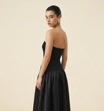 VESTIDO STRAPLESS MIDI ROJO Y NEGRO
