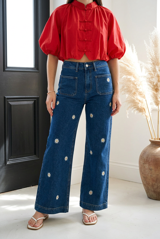 PANTALON DENIM FLORES