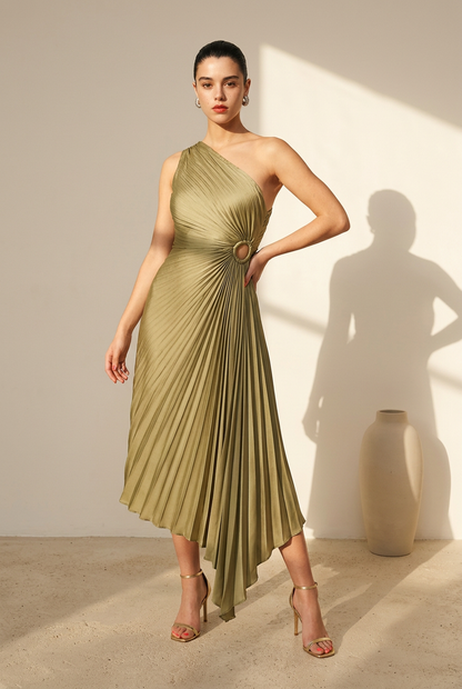 VESTIDO VERDE MIDI ASIMETRICO