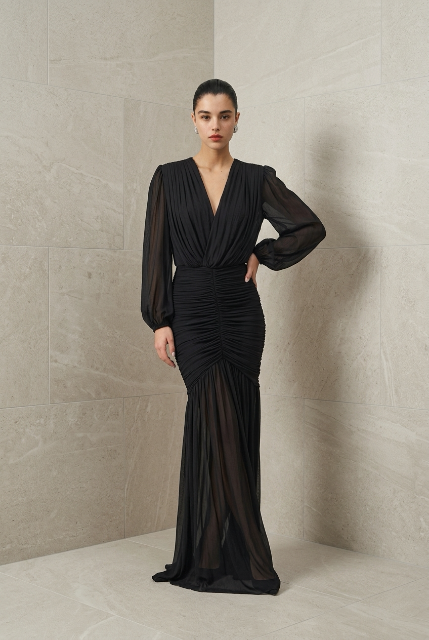 VESTIDO LARGO ML NEGRO DRAPEADO
