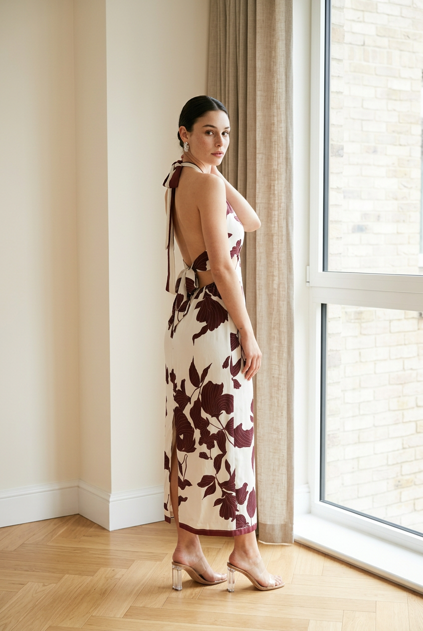 VESTIDO MIDI HALTER TINTO Y BLANCO
