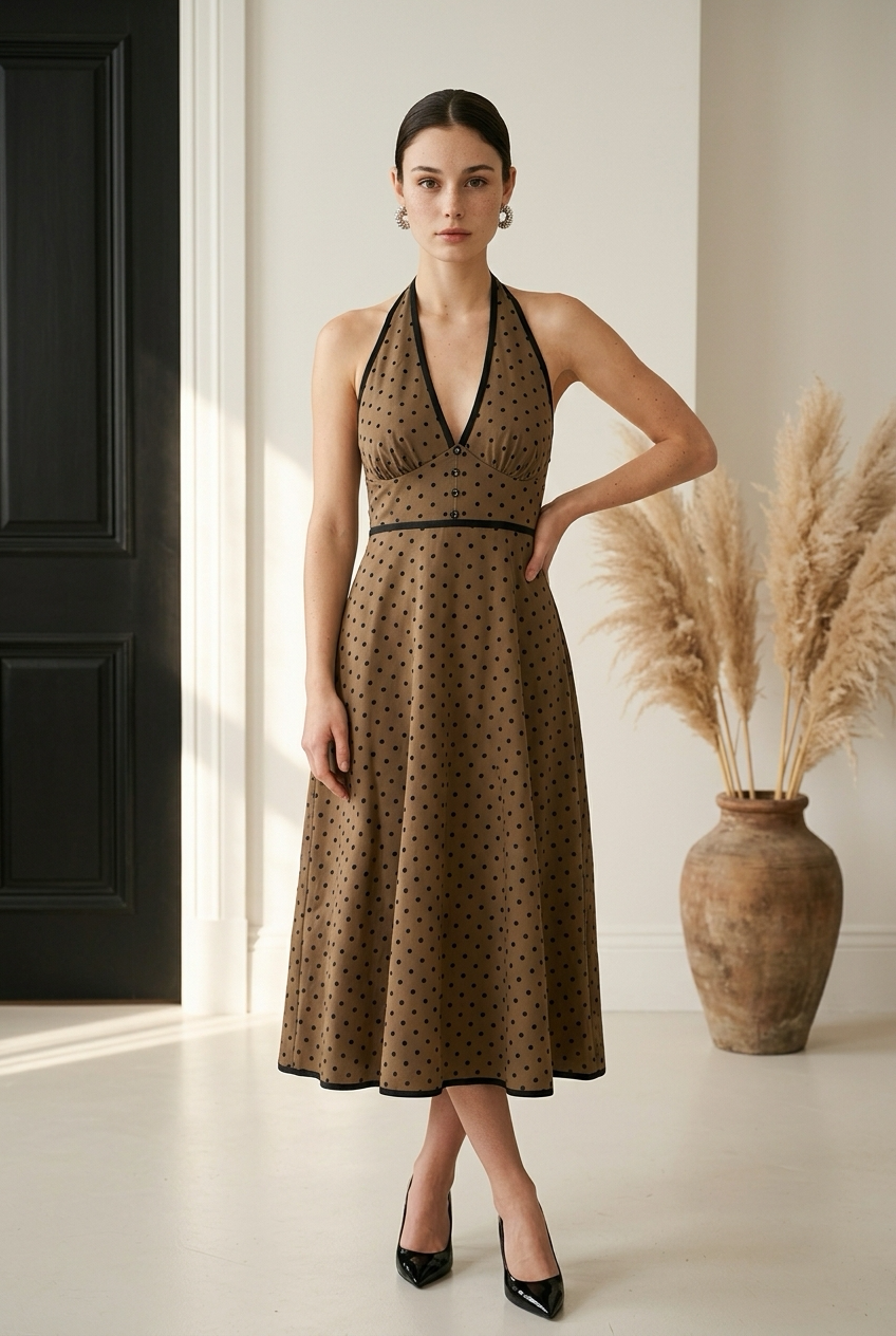VESTIDO MIDI HALTER POLKA DOTS