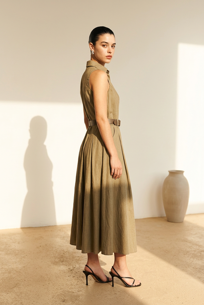 VESTIDO CAFE CUELLO CINTO