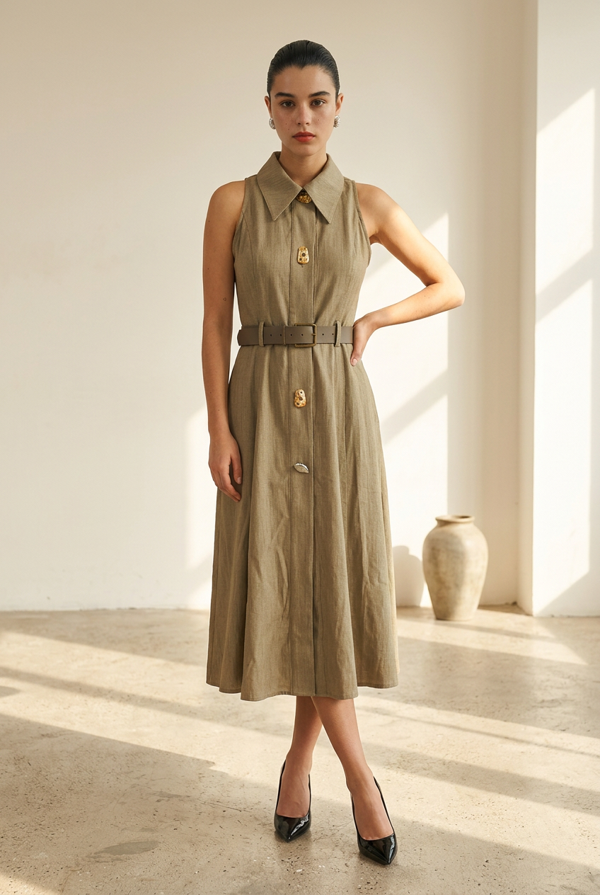 VESTIDO CAFE CUELLO CINTO
