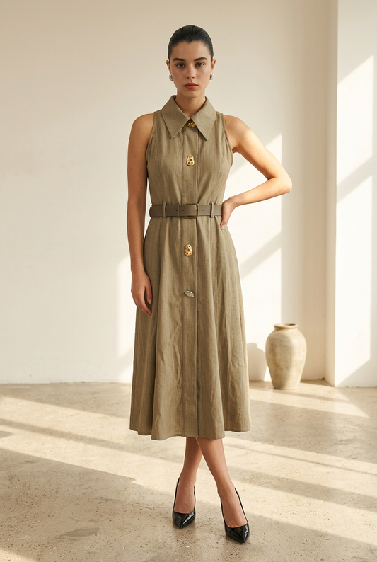 VESTIDO CAFE CUELLO CINTO