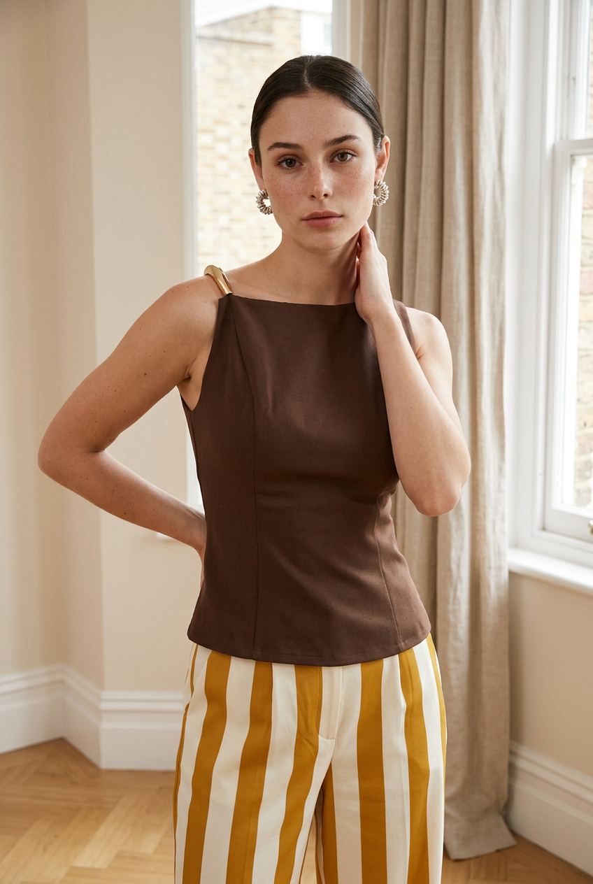 BLUSA CAFÉ DETALLE DORADO