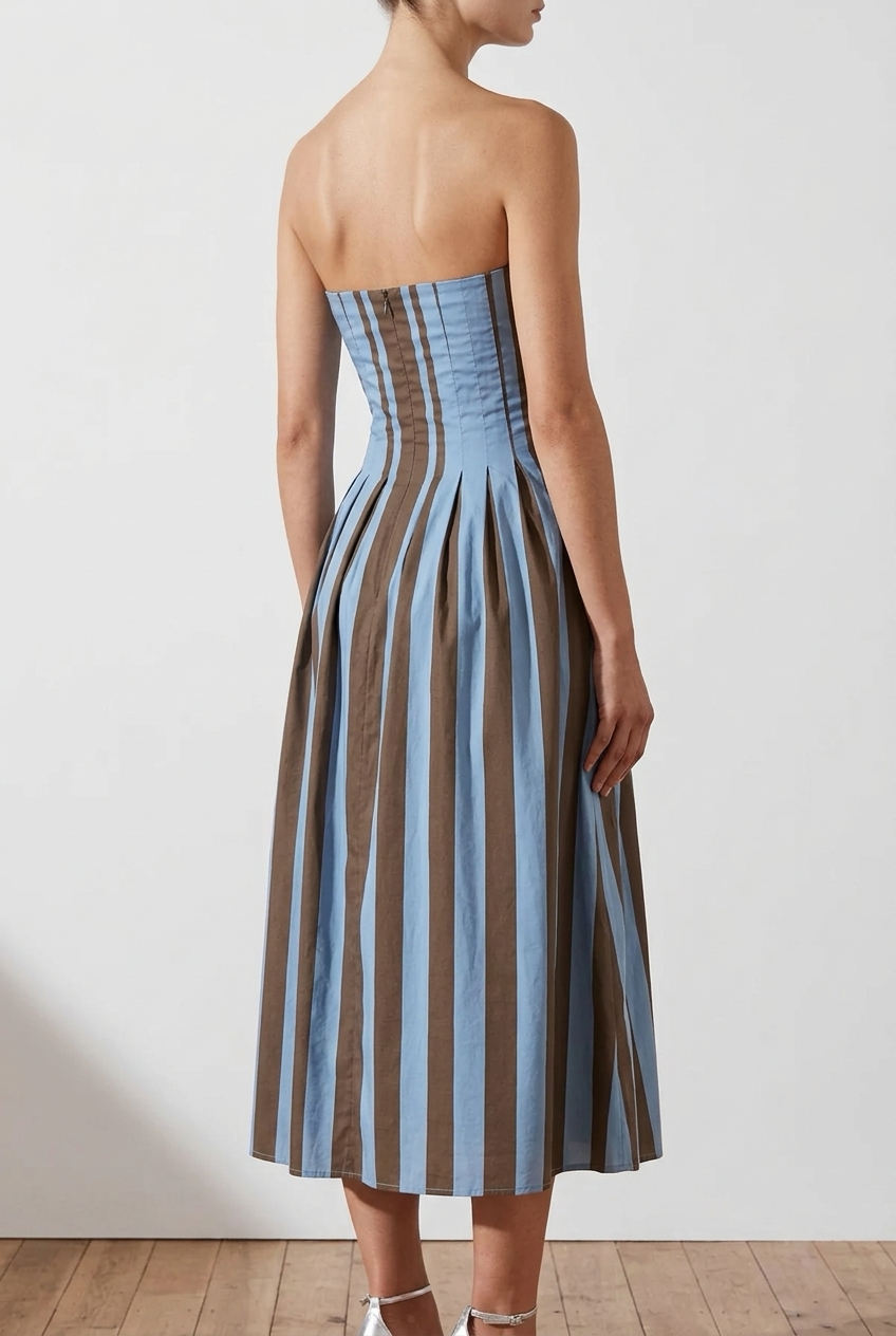 VESTIDO STRAPLESS CAFE Y AZUL
