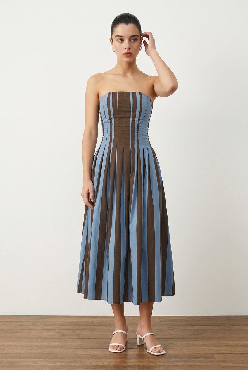 VESTIDO STRAPLESS CAFE Y AZUL