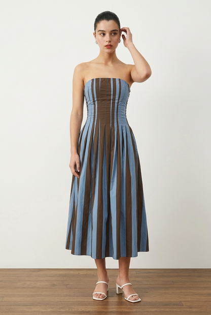 VESTIDO STRAPLESS CAFE Y AZUL