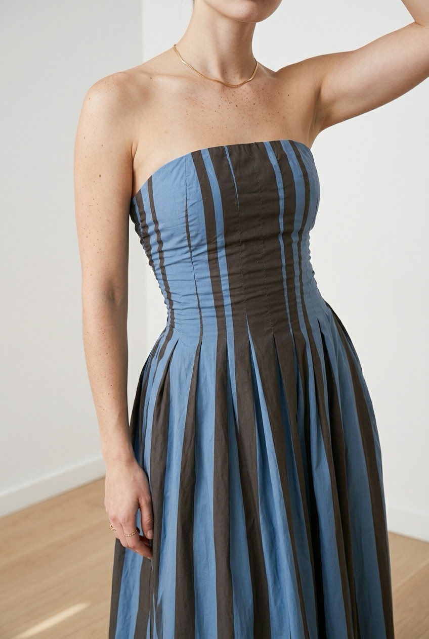 VESTIDO STRAPLESS CAFE Y AZUL