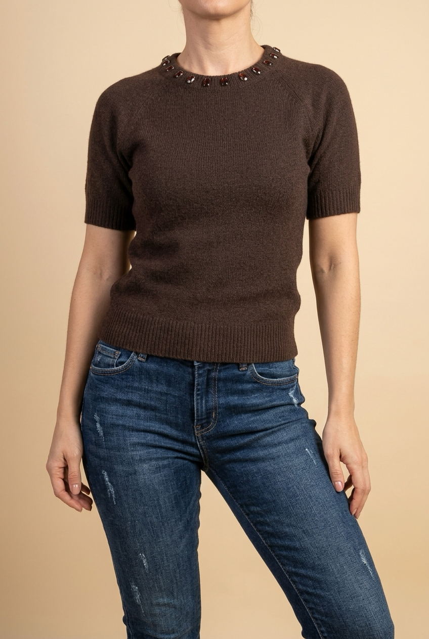 BLUSA MC CAFE DETALLE EN CUELLO