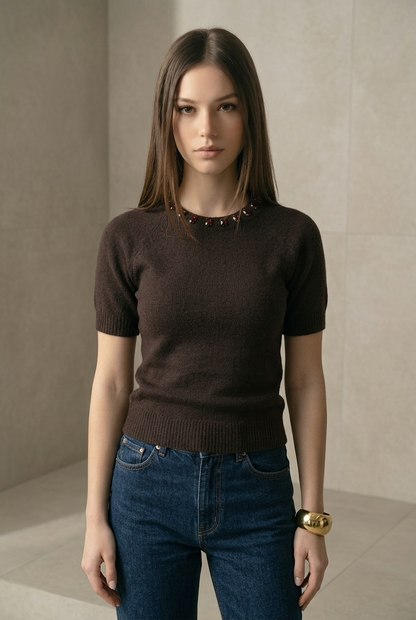 BLUSA MC CAFE DETALLE EN CUELLO