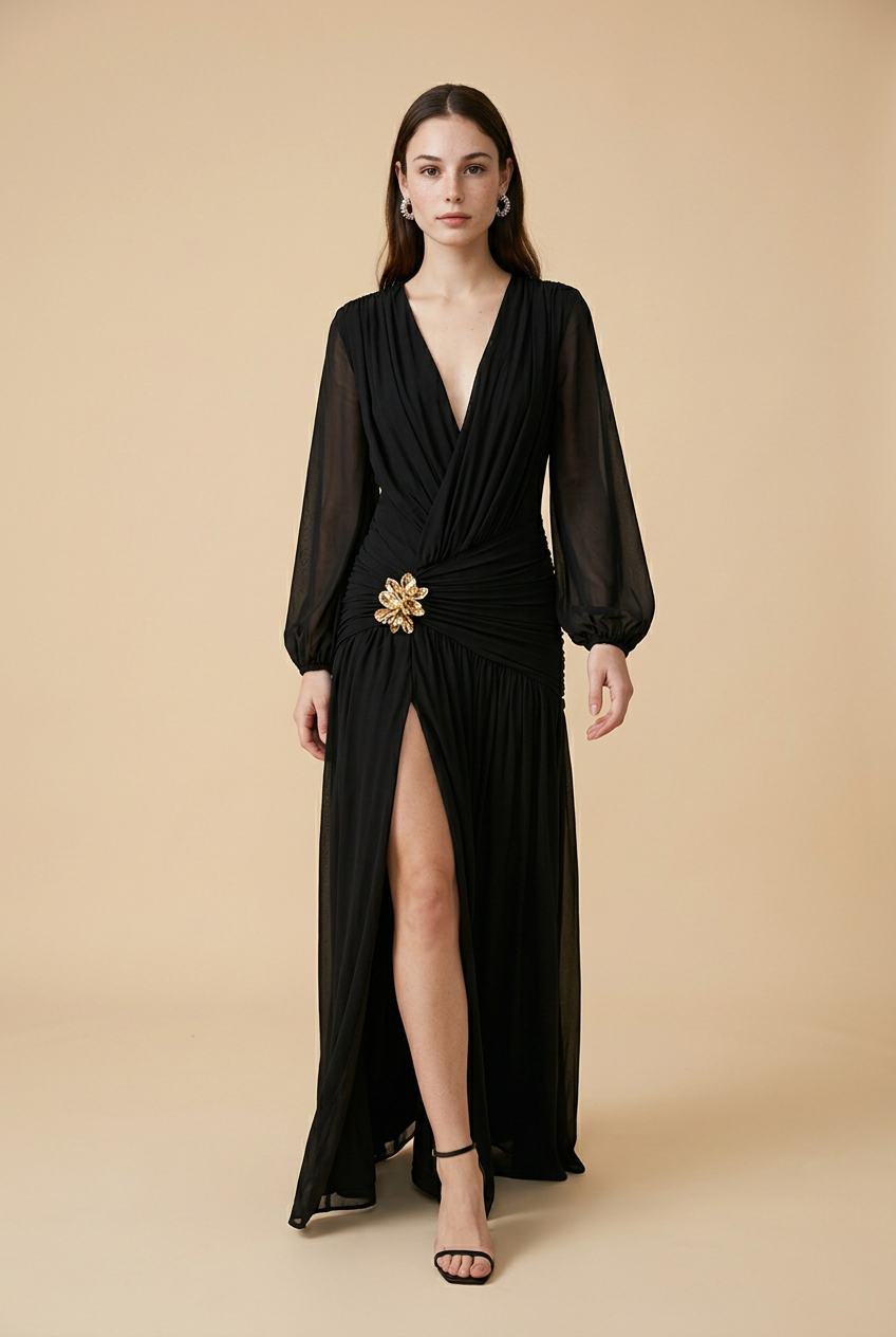 VESTIDO ML DETALLE DORADO