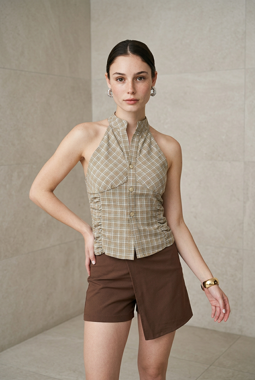 BLUSA HALTER CUADROS BOTONES