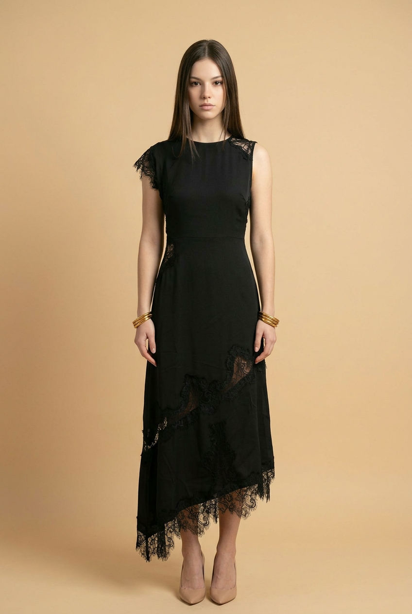 VESTIDO MIDI NEGRO SATINADO CON ENCAJE