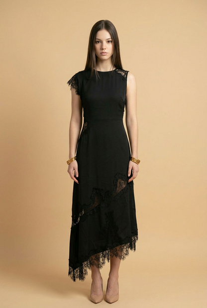 VESTIDO MIDI NEGRO SATINADO CON ENCAJE
