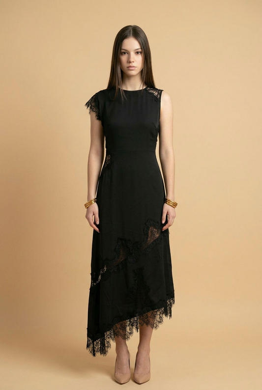 VESTIDO MIDI NEGRO SATINADO CON ENCAJE